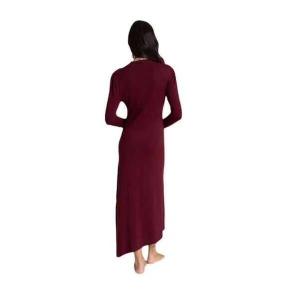 Colorblock Knit Long Sleeve Burgundy & Magenta Asymmetrical Maxi Dress - Picture 3 of 9